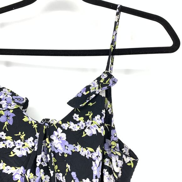 Vintage 90s Midi Dress Womens Size S/M Black Purple Floral Print Ruffle Detail - Picture 3 of 5